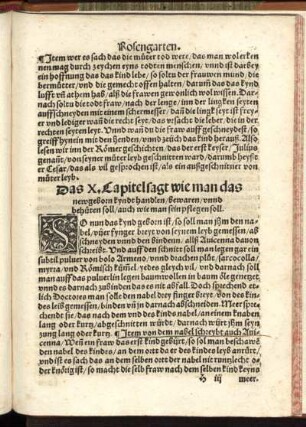 Das X. Kapitel sagt wie man das neugeborn eyndt handlen/ bewahren/ unnd behüten soll/ auch wie man sein pflegen soll.
