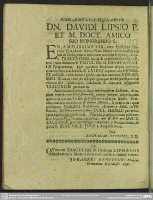 Viro Ampliss. Et. Clariss. Dn. Davidi Lipsio P. Et M. Doct. Amico Suo Honorando S.