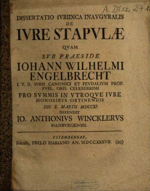 Dissertatio Iuridica Inauguralis de Iure Stapulae