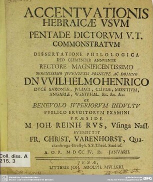 Accentuationis Hebraicae Usum Pentade Dictorum V. T. Commonstratum