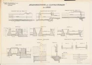 Kanal Datteln-Hamm-Lippstadt. Elektrizitätswerk nebst Lippewehr und Kanalschleuse, Hamm: Speisewasserkanal am Elektrizitätswerk: Ansicht, Schnitte 1:100, 1:50, 1:20