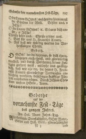 Gebethe auf die vornehmste Fest-Täge des gantzen Jahres