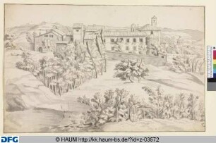 Italienische Landschaft mit Kloster inmitten einer bewaldeten Hügellandschaft