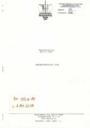 Geschäftsbericht: Bauausstellung Berlin GmbH 1984