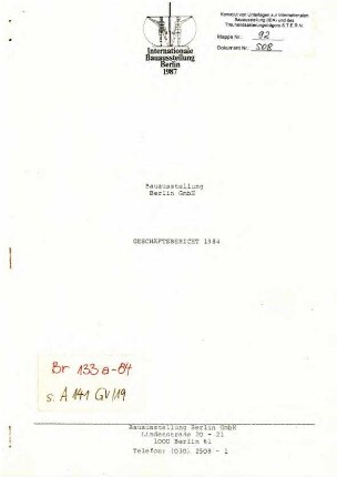 Geschäftsbericht: Bauausstellung Berlin               GmbH 1984