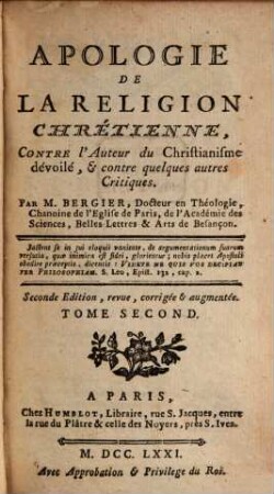 Apologie De La Religion Chrétienne Contre l'Auteur du Christianisme dévoilé & contre quelques autres Critiques, 2