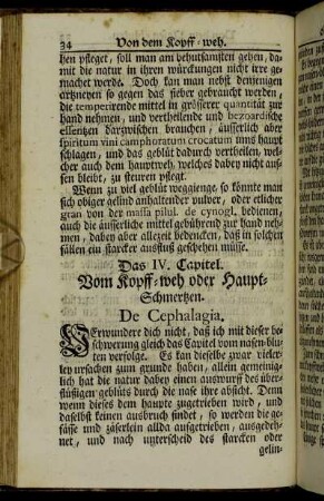 Das IV. Capitel. -Vom Kopff-weh oder Haupt-Schmertzen. De Cephalagia. - Das XI. Capitel. Das Augen-Fell. Lat. Pterygium, Unguis.