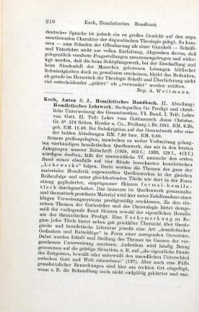 210-211 [Rezension] Koch, Anton, Die Lehre von Gott. Die Lehre vom Gottmensch Jesus Christus