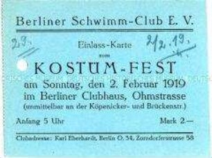 Eintrittskarte für ein Kostümfest des Berliner Schwimm-Clubs