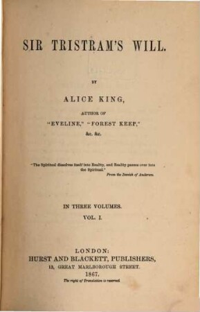 Sir Tristram's Will : In 3 Volumes, I