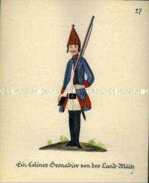 Uniformdarstellung, Grenadier der Landwehr, Kurfürstentum Köln, 1760/1761. Kopie der Originaltafel 27 aus Becher: Wahrhaftige Nachrichten.