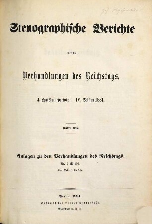 Verhandlungen des Reichstages. Stenographische Berichte. 64. 1881