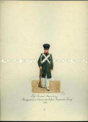 Uniformdarstellung, Musketier des Infanterie-Regiments König, 1811. Aus: Sammelmappe "Sachsens Militär", Königliche Arsenalsammlung.