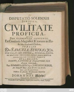 Disputatio Solennis Iuridica, De Civilitate Proficua