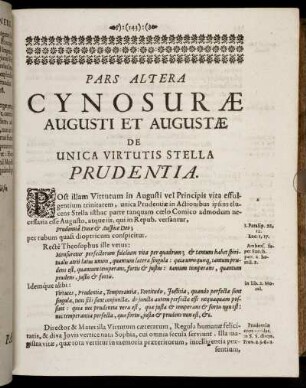 Pars Altera Cynosuræ Augusti Et Augustæ De Unica Virtutis Stella Prudentia.