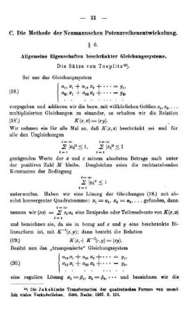 § 6. Allgemeine Eigenschaften beschränkter Gleichungssysteme. Die Sätze von Toeplitz.