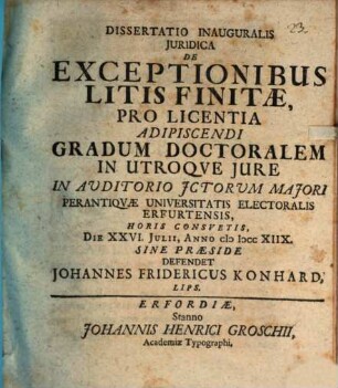 Diss. inaug. iur. de exceptionibus litis finitae