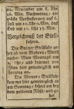 Verzeichnuß der Stellfuhren. - Verzeichnuß, Wann die ordinari Posten in Grätz ein- u. ablaufen.