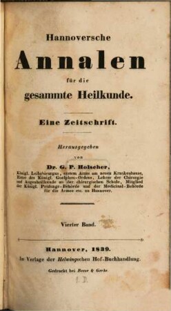 Hannoversche Annalen für die gesammte Heilkunde : eine Zeitschrift. 4, 4. 1839