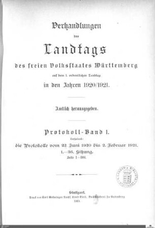 2,118: Landtag Württemberg - Kammer 2, Protokolle 1920-1921, Bd. 1