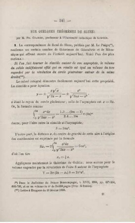 SUR QUELQUES THÉORÈMES DE SLUSE.