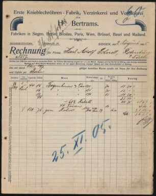 Firmenbriefkopf Bertrams. Hch., Erste Knieblechröhren - Fabrik, Verzinkerei u. Verbleierei