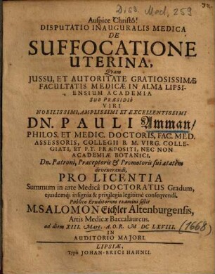 Disputatio Inauguralis Medica De Suffocatione Uterina