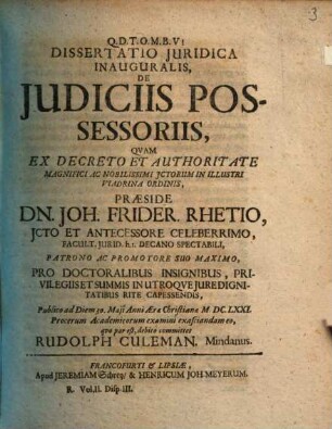 Diss. iur. inaug. de iudiciis possessoriis