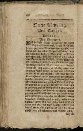 Regula 113. Vom Mitonniren. - Regula 137. Suppe von Lamms-Köpfen mit jungen Hopfen und ein wenig Sauerampfer.