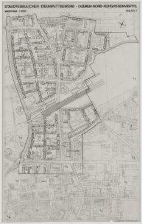Städtebaulicher Ideenwettbewerb Düren-Nord – Kuhgassenviertel (nicht realisiert) – Lageplan des Stadtvermessungsamtes. Düren-Nord/Nordrhein-Westfalen