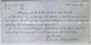 Handschriftler Befehl zur privaten Nutzung des Fernsprechnetzes - Sachkonvolut