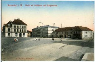 Warnsdorf. Markt mit Stadthaus und Bürgerschule