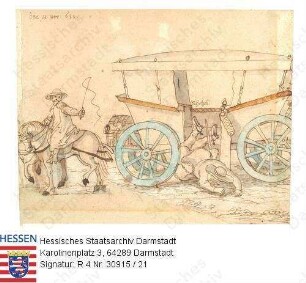 Jagd, Niddaer Sauhatz / Bild 21: Schetzel stürzt aus der Kutsche / Sechsspänniger Reisewagen, aus dem Wagen herausfallend: [Wilhelm] Schetzel [zu Merzhausen (1582-1637)]