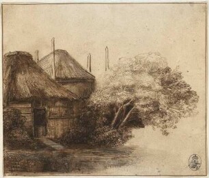 Bauernhütte mit Heuschober und Bäumen