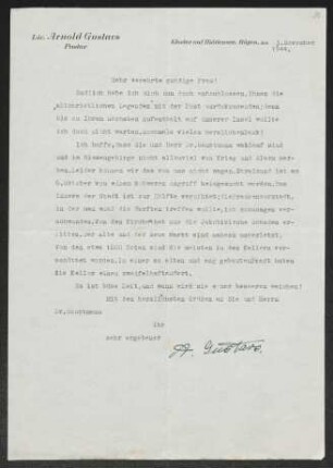 Brief von Arnold Gustavs an Margarete Hauptmann