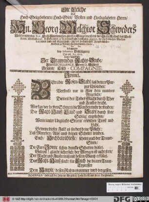 Die Leiche Des Hoch-Edelgebohrnen/ Hoch-Edlen/ Vesten und Hochgelahrten Herrn/ Hn. Georg Melchior Schweders ... bedaureten bey solenner Bestätigung Den 26. Jan. 1707. Unter dem Bilde Der Traurenden Rahts-Stube/ Ihro Excellence, Herrn D. Müllers Gesamte Tisch-Compagnie