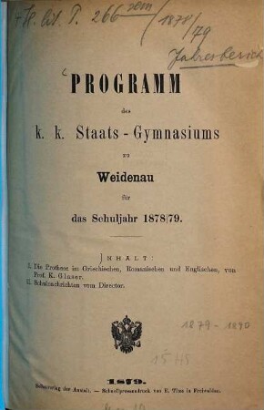 Programm des K.K. Staats-Gymnasiums in Weidenau : für das Schuljahr .... 1878/79