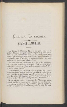 Crítica literaria. : Ignacio M. Altamirano.