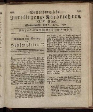 XLIV. Stück. Sonnabends: den 31. Oct., 1789.