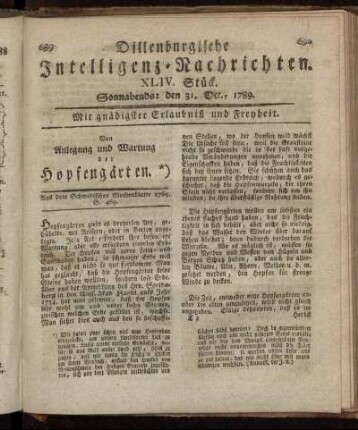 XLIV. Stück. Sonnabends: den 31. Oct., 1789.