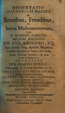 Dissertatio inauguralis medica de erroribus, fraudibus, ac inertia medicamentorum