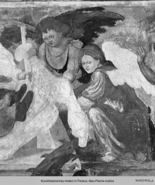 Sterbender Heiliger (?) auf dem Totenbett, von Engeln umgeben