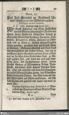 Num. 17. Des Hof-Gerichts zu Rothweil Urtheil-Brieff puncto der Würtembergischen Privilegien de non evocando