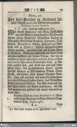 Num. 17. Des Hof-Gerichts zu Rothweil Urtheil-Brieff puncto der Würtembergischen Privilegien de non evocando