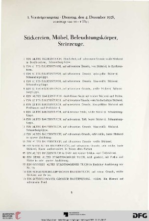 Stickereien, Möbel, Beleuchtungskörper, Steinzeuge (Nr. 1-130)