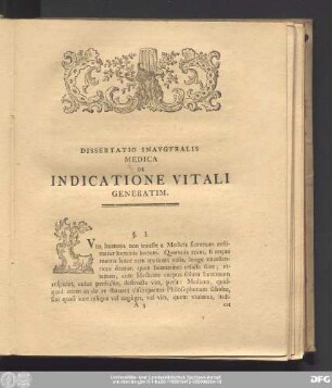 Dissertatio Inauguralis Medica De Indicaitone Vitali Generatim.