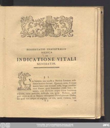 Dissertatio Inauguralis Medica De Indicaitone Vitali Generatim.