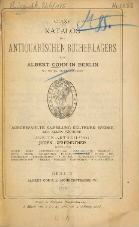 ...Catalog des antiquarischen Bücherlagers von Albert Cohn : [Auch m. franz. Tit.], 175