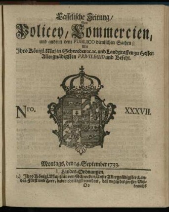 Nro. XXXVII, Montags, den 14. September 1733