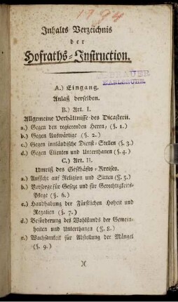 Inhalts Verzeichnis der Hofraths-Instruction.